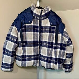 Zara size Small Wool Blend Blue and Gray Plaid Puffer Jacket Oversized